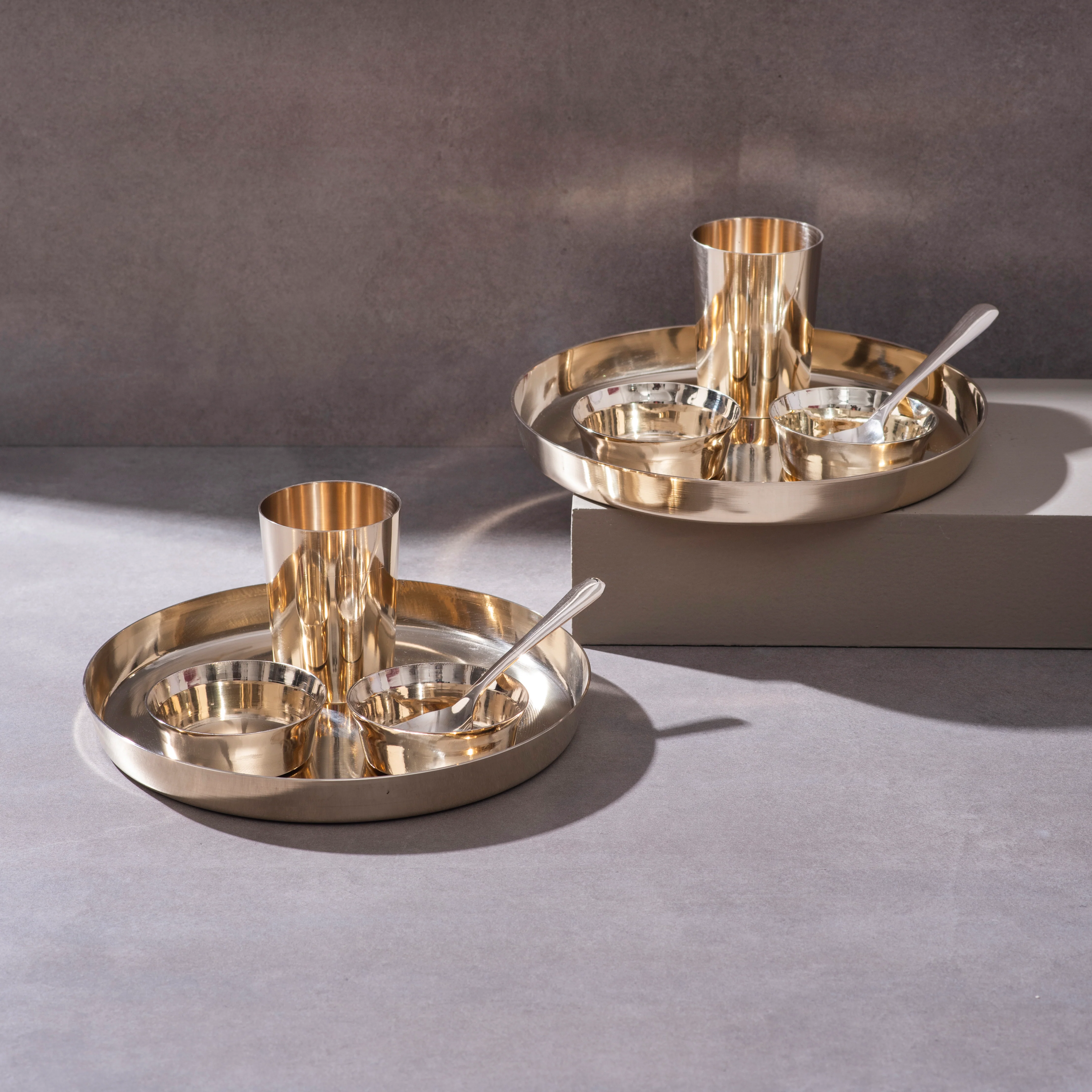 Bronze (Kansa) high hipped plate (Thaali) Set 10.5" - 5 pieces (1 Thaali, 2 bowls, 1 glass, 1 spoon) - Image 3