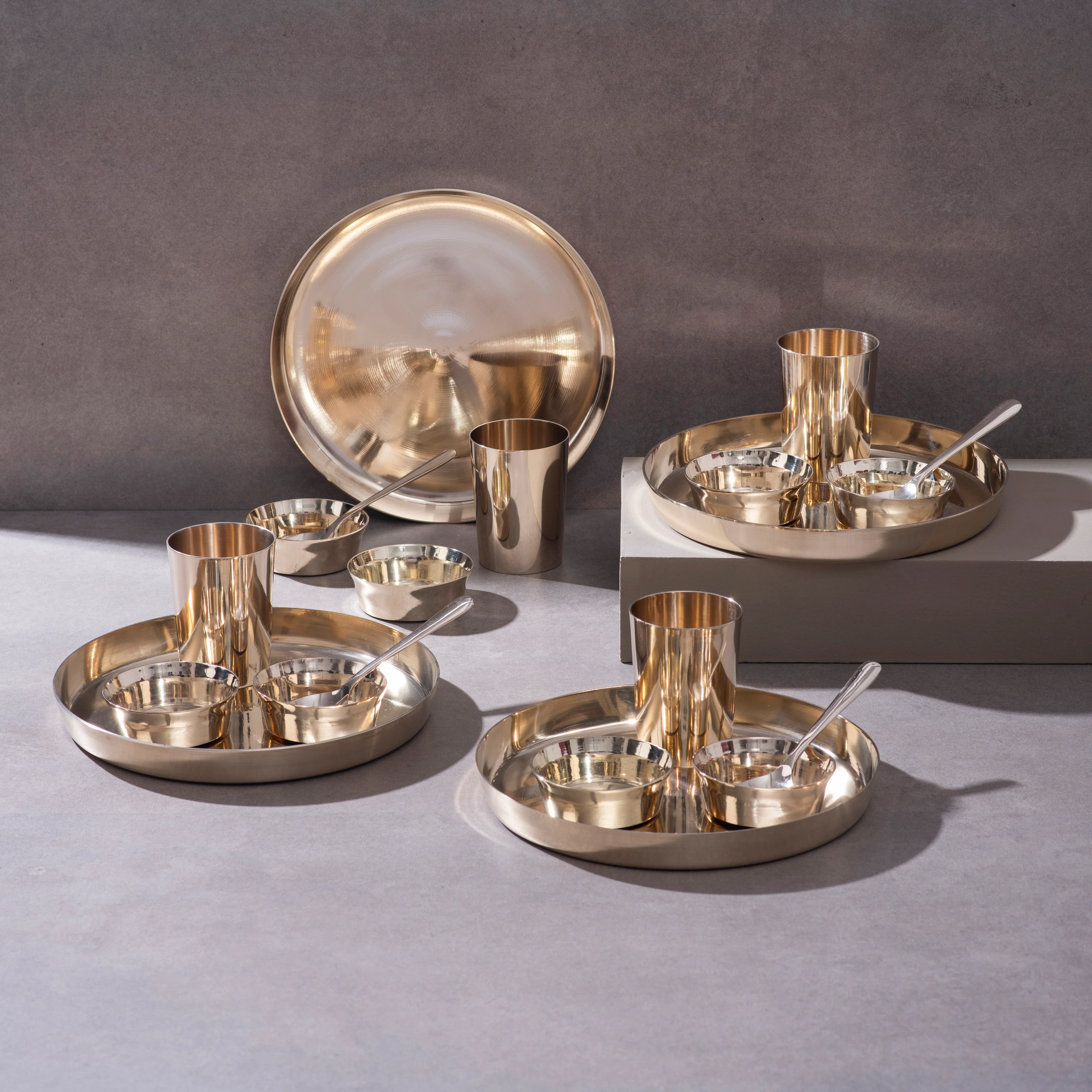 Bronze (Kansa) high hipped plate (Thaali) Set 10.5" - 5 pieces (1 Thaali, 2 bowls, 1 glass, 1 spoon) - Image 4