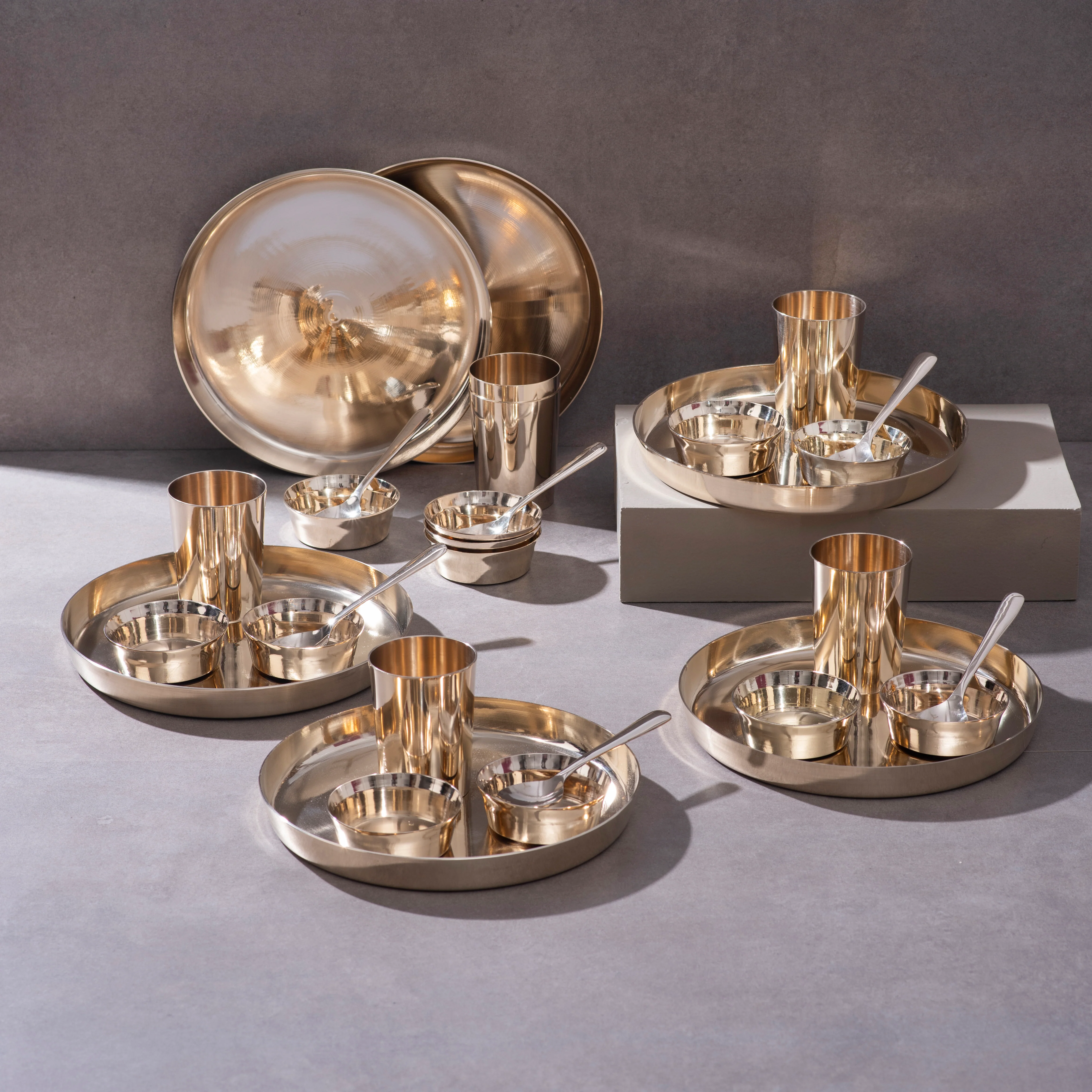 Bronze (Kansa) high hipped plate (Thaali) Set 10.5" - 5 pieces (1 Thaali, 2 bowls, 1 glass, 1 spoon) - Image 5