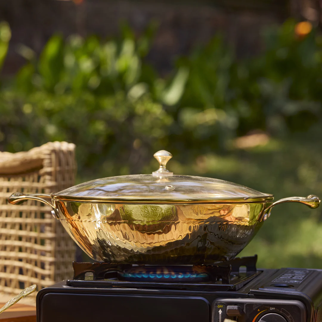 Brass Flat Base Wok with Glass lid - Kadhai (Deep & flat bottom cooking/serving utensil - karahi)