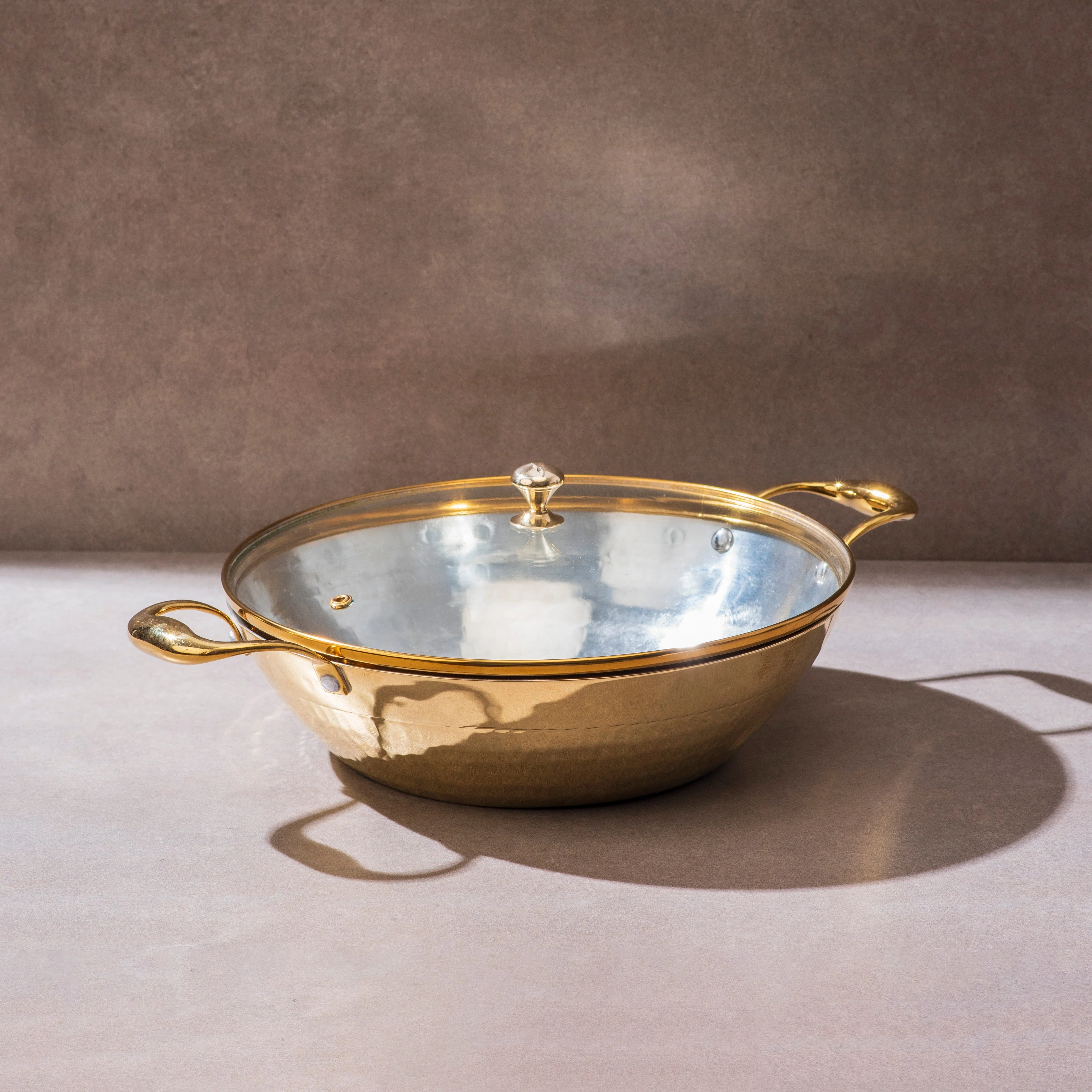 Brass Flat Base Wok with Glass lid - Kadhai (Deep & flat bottom cooking/serving utensil - karahi) - Image 10