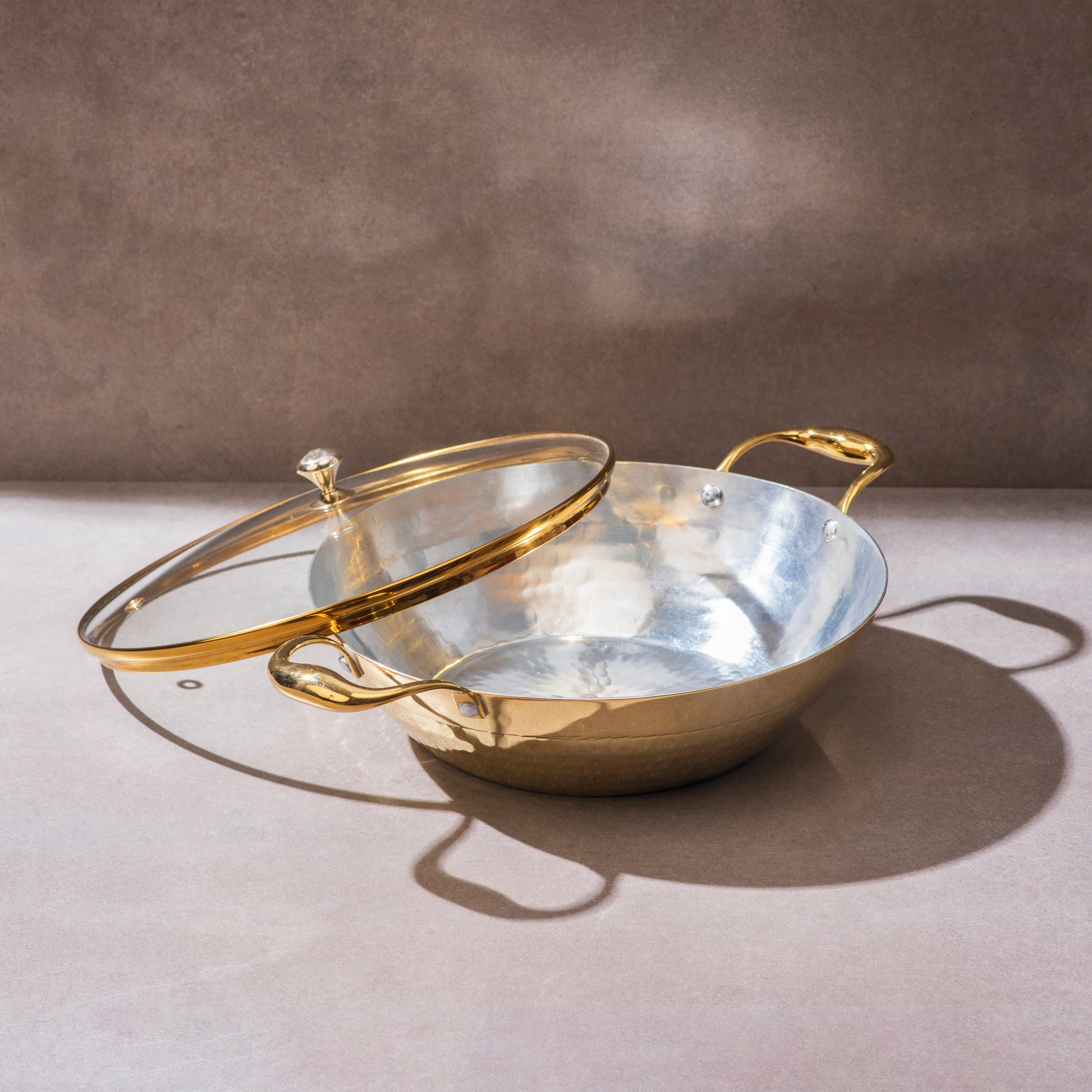 Brass Flat Base Wok with Glass lid - Kadhai (Deep & flat bottom cooking/serving utensil - karahi) - Image 11