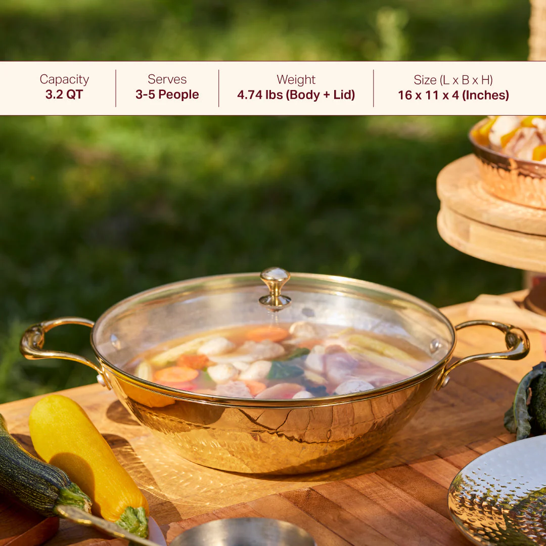 Brass Flat Base Wok with Glass lid - Kadhai (Deep & flat bottom cooking/serving utensil - karahi) - Image 2