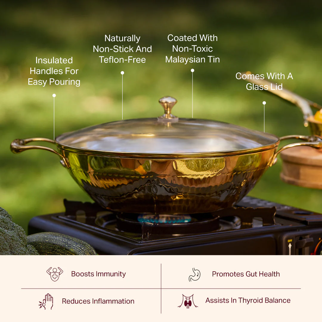 Brass Flat Base Wok with Glass lid - Kadhai (Deep & flat bottom cooking/serving utensil - karahi) - Image 3