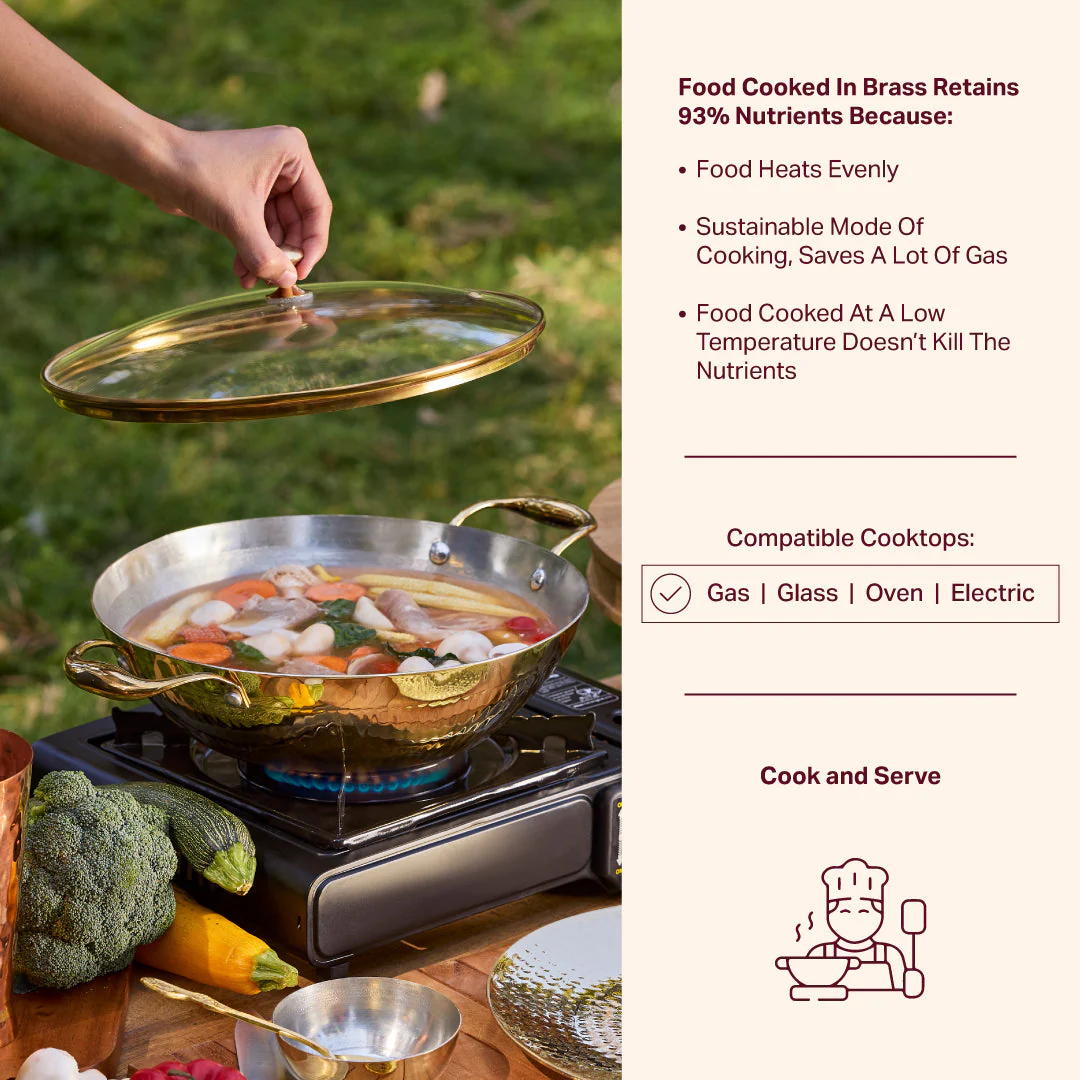 Brass Flat Base Wok with Glass lid - Kadhai (Deep & flat bottom cooking/serving utensil - karahi) - Image 5