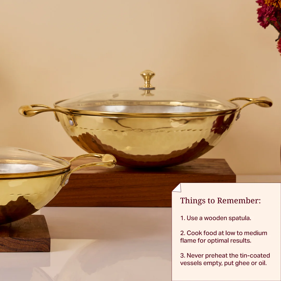 Brass Wok with Glass lid (Circular & Deep cooking/ serving Utensil) - Image 4