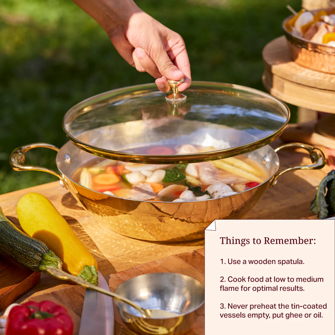Set of 3 Brass Woks with Glass lids/Kadhai (Circular & Deep cooking/ serving Utensil) - 1L round, 3L round and 3L flat 6 Pieces Set - Image 11
