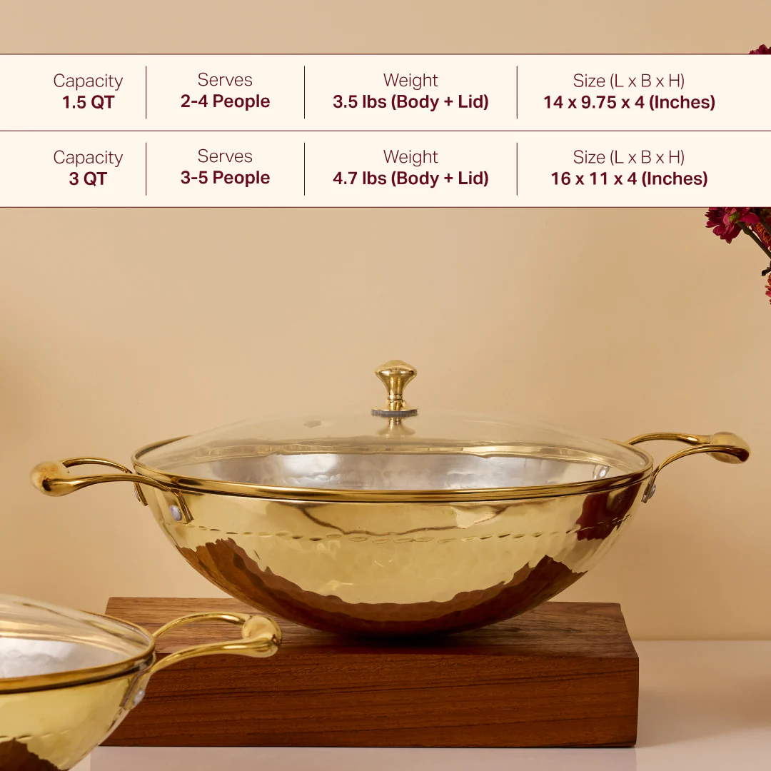 Set of 3 Brass Woks with Glass lids/Kadhai (Circular & Deep cooking/ serving Utensil) - 1L round, 3L round and 3L flat 6 Pieces Set - Image 3