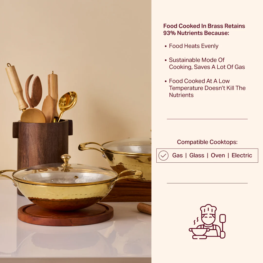 Set of 3 Brass Woks with Glass lids/Kadhai (Circular & Deep cooking/ serving Utensil) - 1L round, 3L round and 3L flat 6 Pieces Set - Image 6