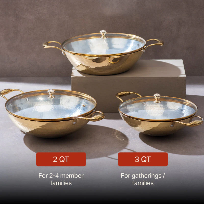 Set of 3 Brass Woks with Glass lids/Kadhai (Circular & Deep cooking/ serving Utensil) - 1L round, 3L round and 3L flat 6 Pieces Set - Image 9
